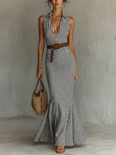 1782027 Bodycon Mermaid Belted Striped Deep V-Neck Maxi Dresses