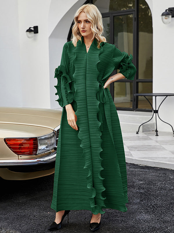 Loose Puff Sleeves Falbala Pleated Solid Color Off-The-Shoulder Maxi Dresses