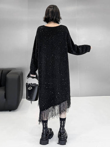 1720293 Irregularity Long Sleeves Contrast Color Sequined Shiny Split-Joint Tasseled V-Neck Midi Dresses Sweater Dresses