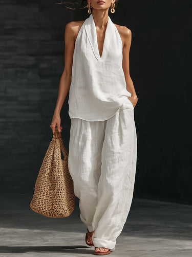 Losse effen kleur V-hals mouwloos vest top + zakken broek broek tweedelige set