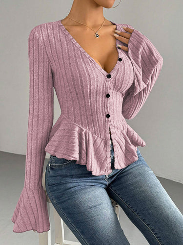 1737280 Flared Sleeves Long Sleeves Buttoned Ruffled Solid Color Split-Joint Deep V-Neck T-Shirts Tops