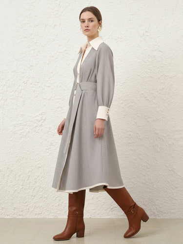 1738093 A-Line Elasticated Waist Belted Buttoned Contrast Color Split-Side Striped Lapel Midi Dresses