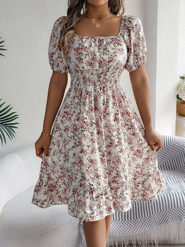 1783898 A-Line Short Sleeves Contrast Color Elasticity Flower Print Ruffle Trim Split-Joint Square-Neck Midi Dresses
