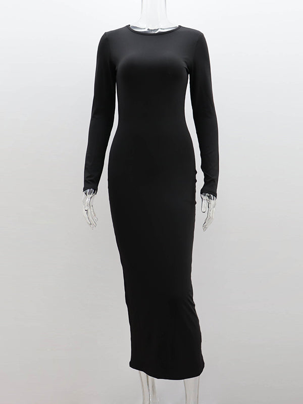 Bodycon Long Sleeves Backless Solid Color Split-Joint Split-Side Round-Neck Maxi Dresses main image 0