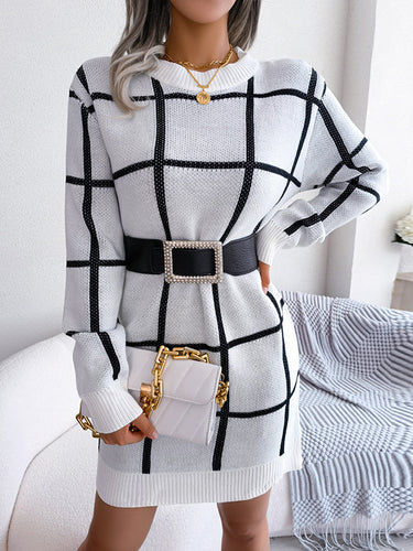1713384 Elasticated Waist Long Sleeves Belted Contrast Color Plaid Round-Neck Mini Dresses Sweater Dresses