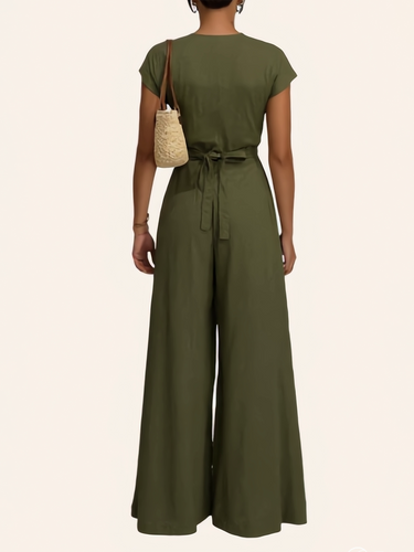 1777397 High Waisted Short Sleeves Pleated Pockets Solid Color Tied Waist V-Neck Jumpsuits