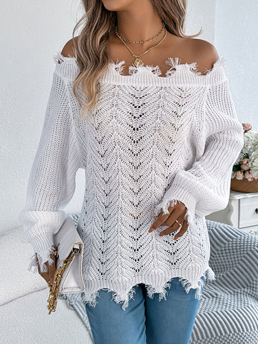 1713321 Long Sleeves Hollow Knitted Leaves Ribbed Knit See-Through Solid Color Off-The-Shoulder Sweater Tops