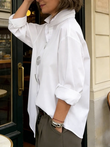 Blouses met lange mouwen, losse pasvorm, knoopsluiting en reverskraag in effen kleur&Shirts Tops