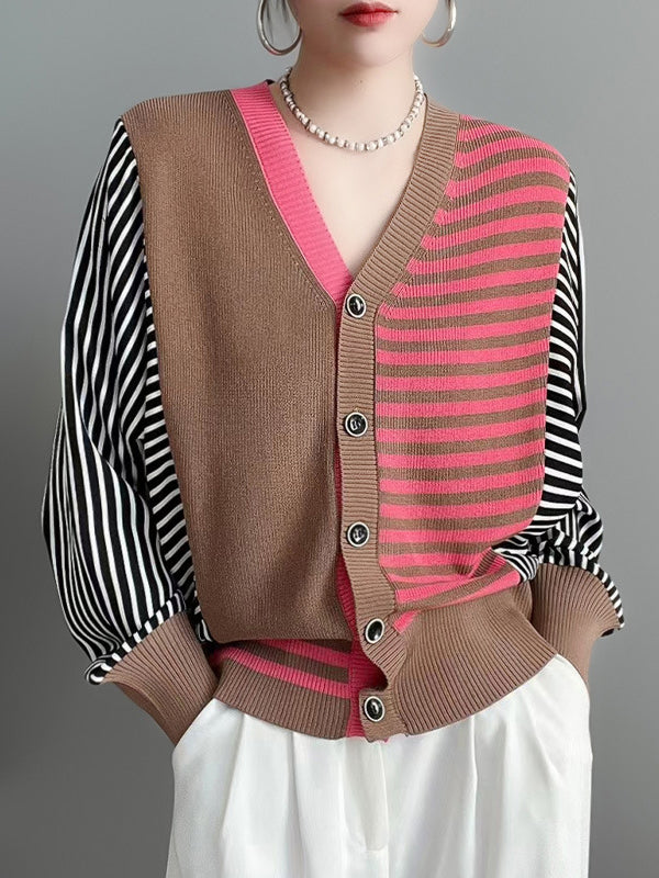 Casual Striped Split Joint Buckle V Neck Tops