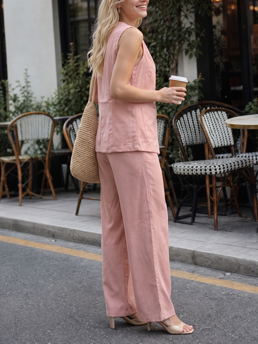 1788132 Solid Color Pockets Elasticity Buttoned Sleeveless Plus Size V-neck Vest Top Two Pieces Set Trousers Pants