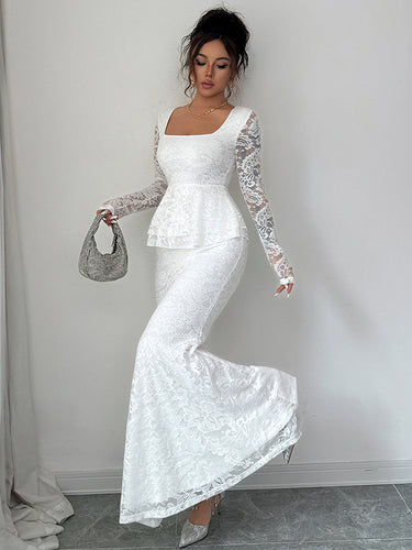 1721795 Bodycon Long Sleeves Flower Print Ruffled See-Through Solid Color Split-Joint Square-Neck Maxi Dresses