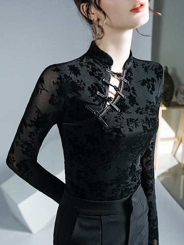 1726450 Long Sleeves Skinny Buttoned Flower Print Mesh Mock Neck T-Shirts Tops