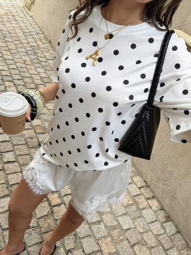 1789435 Polka Dot Short Sleeves Bloomers Round-neck T-Shirts Tops
