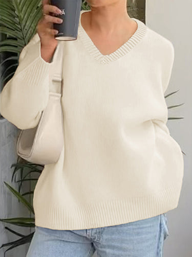 1717819 Long Sleeves Loose Ribs Solid Color V-Neck Sweater Tops