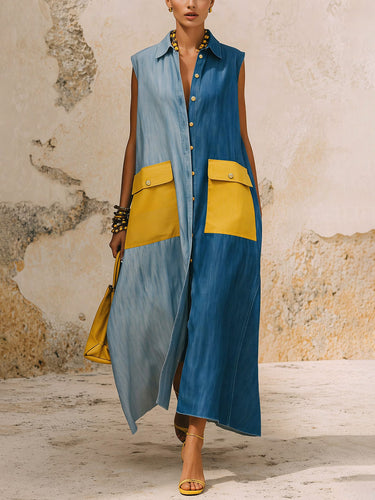 1785079 Loose Sleeveless Buttoned Contrast Color Pockets Lapel Maxi Dresses