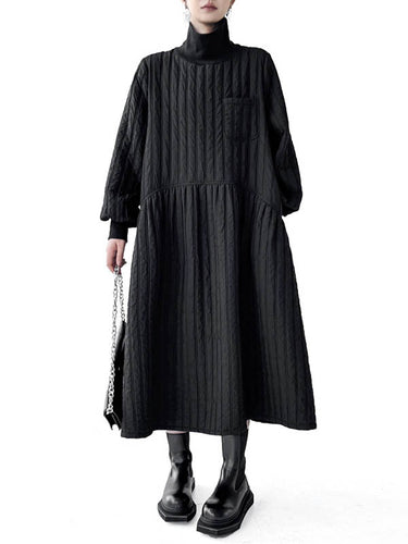 1720222 A-Line Long Sleeves Embossed Pockets Quilted Solid Color Split-Joint High Neck Midi Dresses Sweater Dresses