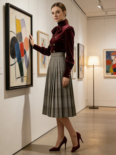 Long Sleeves Puff Sleeves Bow-Embellished Buttoned Contrast Color Pleated Split-Joint High Neck Blouses&Shirts Tops