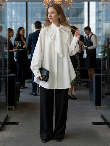 1756761 Long Sleeves Loose Bow-Embellished Buttoned Solid Color Bow Collar Blouses&Shirts Tops