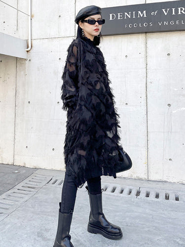 1721436 Irregularity Long Sleeves Asymmetric Mesh Pockets See-Through Solid Color Split-Joint Tasseled Stand Collar Midi Dresses