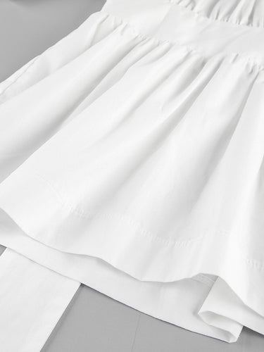 1742231 Elasticated Waist High Waisted Pleated Solid Color Split-Joint Tied Waist Round-Neck Blouses&Shirts Tops