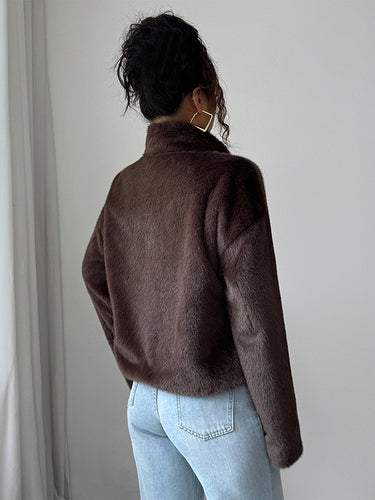 1721782 Long Sleeves Loose Pockets Solid Color Zipper Stand Collar Outerwear Sweater Tops