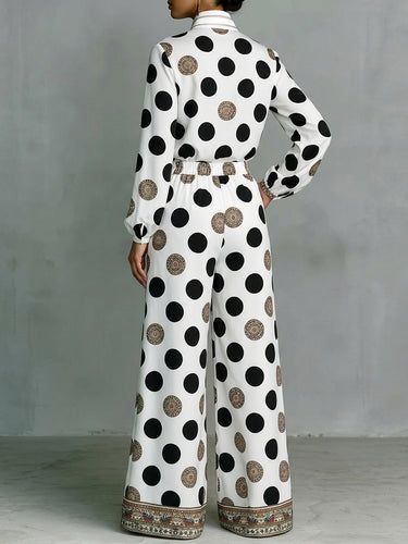 1780055 High Waisted Wide Leg Contrast Color Elasticity Pockets Polka Dot Printed Pants Trousers
