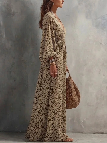 1782817 High Waisted Long Sleeves Contrast Color Elasticity Leopard Ruched V-Neck Maxi Dresses