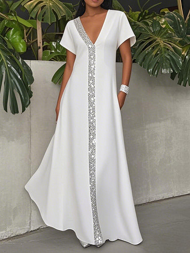 Bolsillos sueltos de línea A Color sólido brillante Vestidos maxi de cuello en V