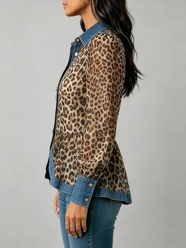 1779529 Long Sleeves Puff Sleeves Buttoned Contrast Color Leopard Pleated Split-Joint Lapel Blouses&Shirts Tops