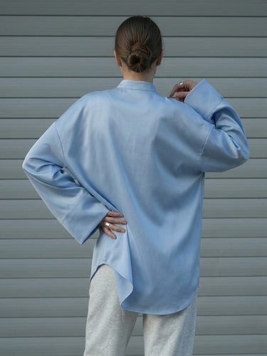 1780094 Flared Sleeves Long Sleeves Buttoned Pockets Solid Color Stand Collar Blouses&Shirts Tops