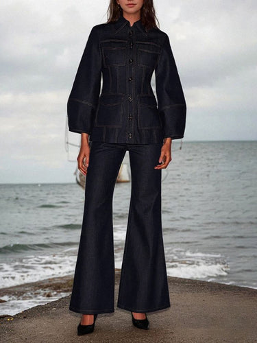 1694505 High Waisted Wide Leg Pockets Solid Color Jean Pants Bottoms