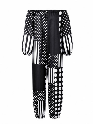 Long Sleeves Puff Sleeves Contrast Color Elasticity Polka Dot Split-Joint Striped Off-The-Shoulder Jumpsuits