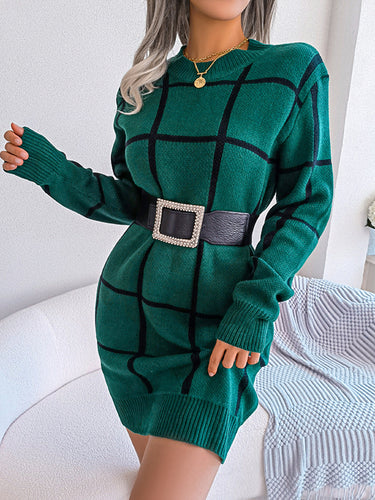 1713373 Elasticated Waist Long Sleeves Belted Contrast Color Plaid Round-Neck Mini Dresses Sweater Dresses