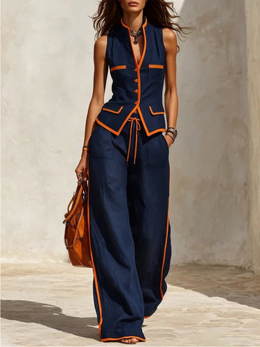 1787649 Sleeveless Buttoned Contrast Color Pockets Split-Joint V-Neck Blouses&Shirts Tops