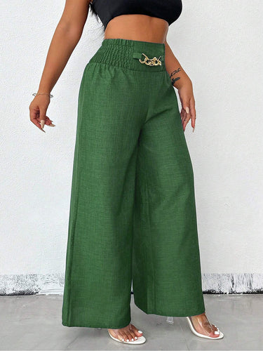1780423 High Waisted Loose Elasticity Solid Color Pants Trousers