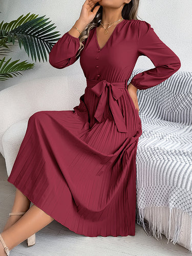 1713863 High Waisted Long Sleeves Belted Buttoned Pleated Solid Color V-Neck Maxi Dresses