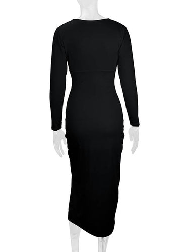 1726401 Bodycon Elasticated Waist Pleated Solid Color Split-Joint Split-Side Deep V-Neck Midi Dresses