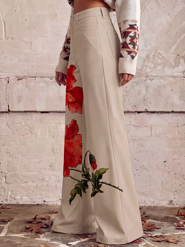 1785397 High Waisted Plus Size Buttoned Flower Print Pockets Pants Trousers