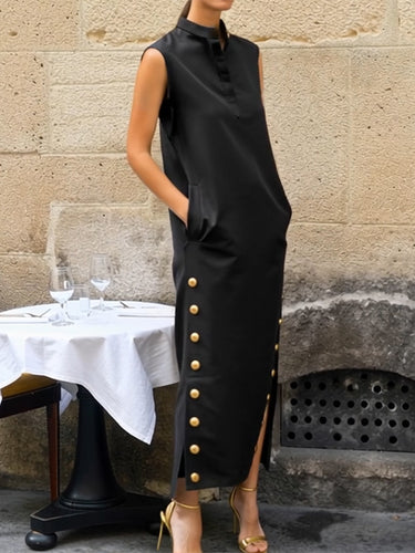 Sleeveless Buttoned Solid Color Split-side Stand Collar Maxi Dresses S Uoozee official Sleeveless Buttoned Solid Color Split-side Stand Collar Maxi Dresses S Uoozee official