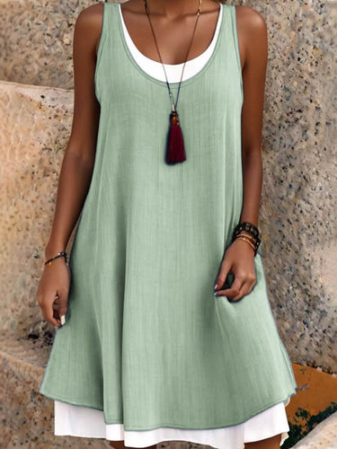 1782340 A-Line False Two Solid Color Split-Joint U-Neck Midi Dresses