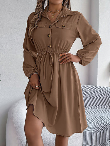 1756185 A-line Long Sleeves Buttoned Pleated Solid Color Tied Lapel Midi Dresses Shirt Dress