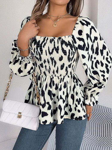 1756011 Long Sleeves Puff Sleeves Leopard Pleated Ruffled Square-Neck T-Shirts Tops