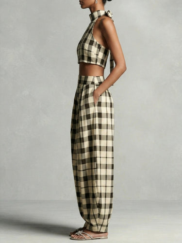 1782830 Contrast Color Plaid Printed Tied Stand Collar Cropped Blouses&Shirts Tops + Pleated Pockets High Waisted Pants Trousers Two Pieces Set