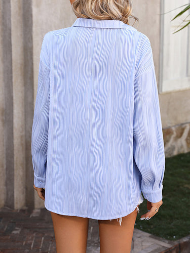 1442258 Long Sleeves Buttoned Jacquard Pleated Solid Color Blouses&Shirts Tops