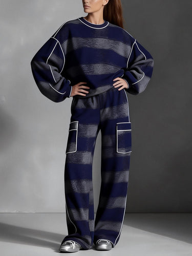 1743475 Long Sleeves Loose Contrast Color Line Split-Joint Striped Round-Neck Sweatershirt