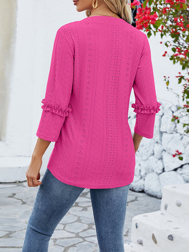 1497355 Loose Three-Quarter Sleeves Jacquard Solid Color V-Neck T-Shirts Tops