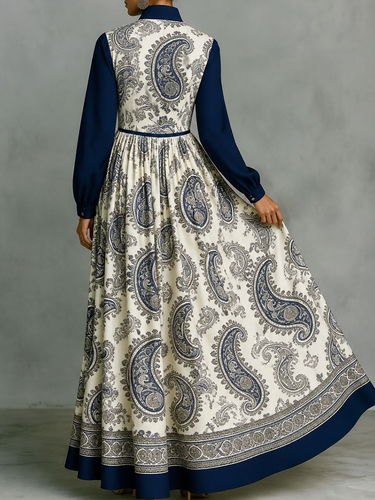 1781517 A-Line High Waisted Buttoned Contrast Color Pleated Pockets Printed Stand Collar Maxi Dresses