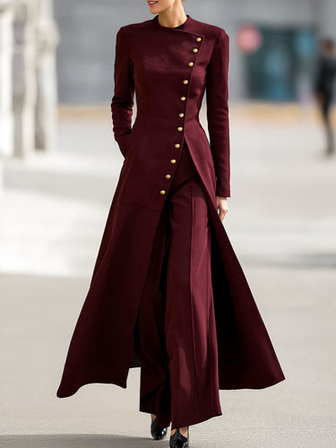 High Waisted Long Sleeves Buttoned Solid Color Split-Front Round-Neck Midi Dresses
