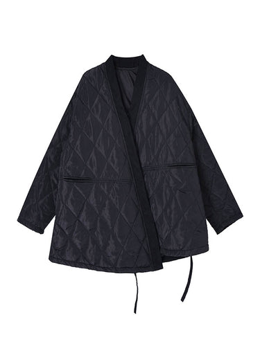 1720267 Long Sleeves Loose Plaid Quilted Solid Color Split-Joint Tied Collarless Outerwear Padded Coat