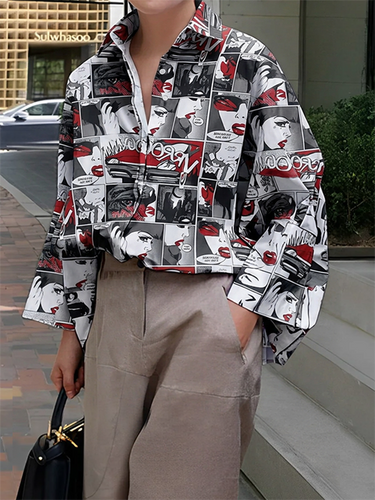 1780739 Long Sleeves Loose Buttoned Contrast Color Figure Printed Lapel Blouses&Shirts Tops